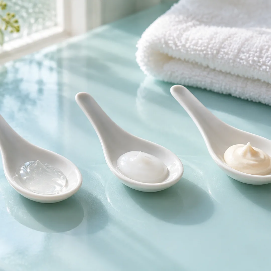 Three white porcelain spoons hold different cream textures on an aqua vanity beside a folded white washcloth.