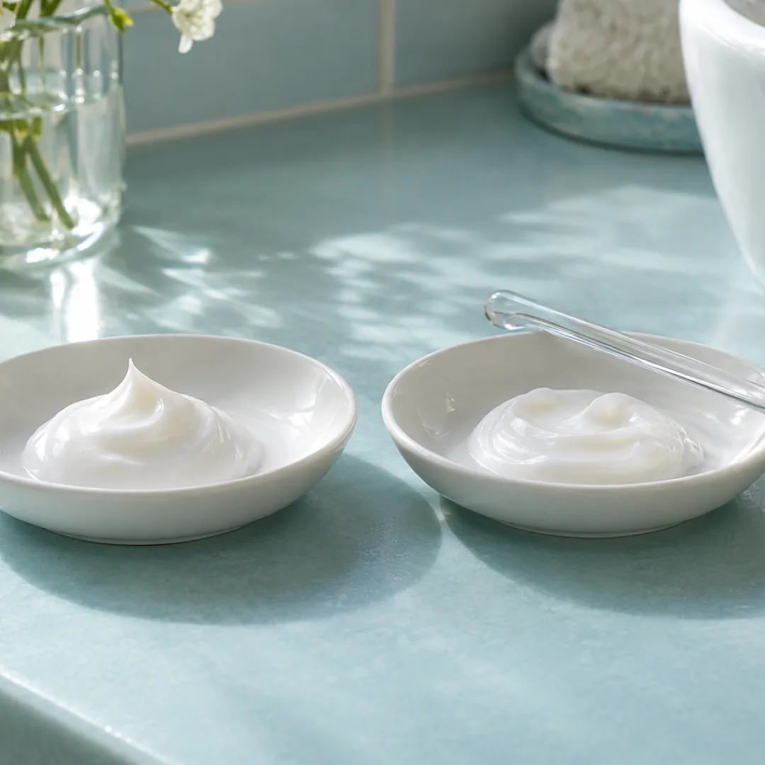 Two white porcelain dishes holding similar dabs of white cream sit on a light aqua bathroom counter.