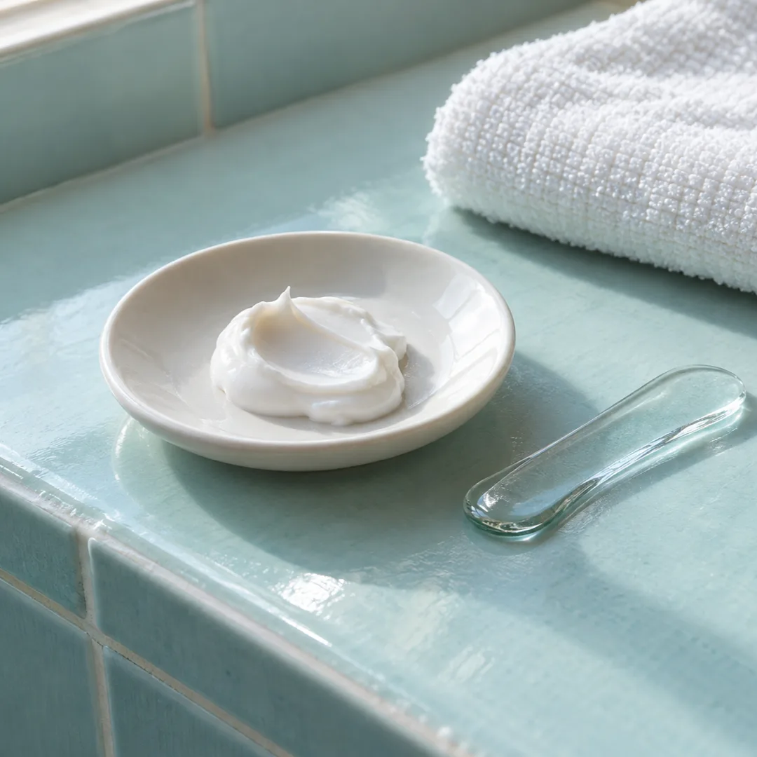 A dab of moisturizer in a white dish sits beside a glass spatula and folded cloth on a light aqua bathroom ledge.