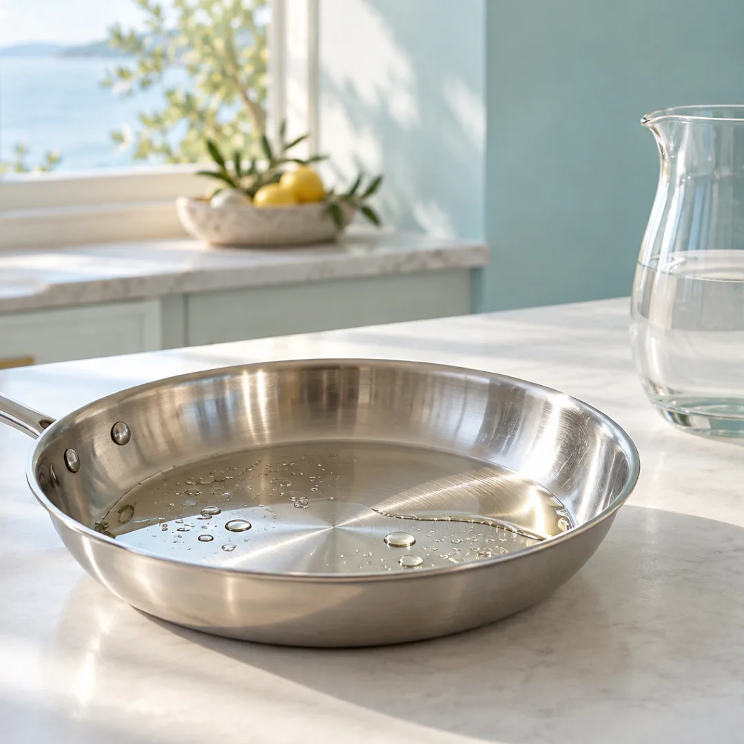 A clean steel frying pan with a thin sheen of oil and water beads sits beside a glass pitcher on a white kitchen island.