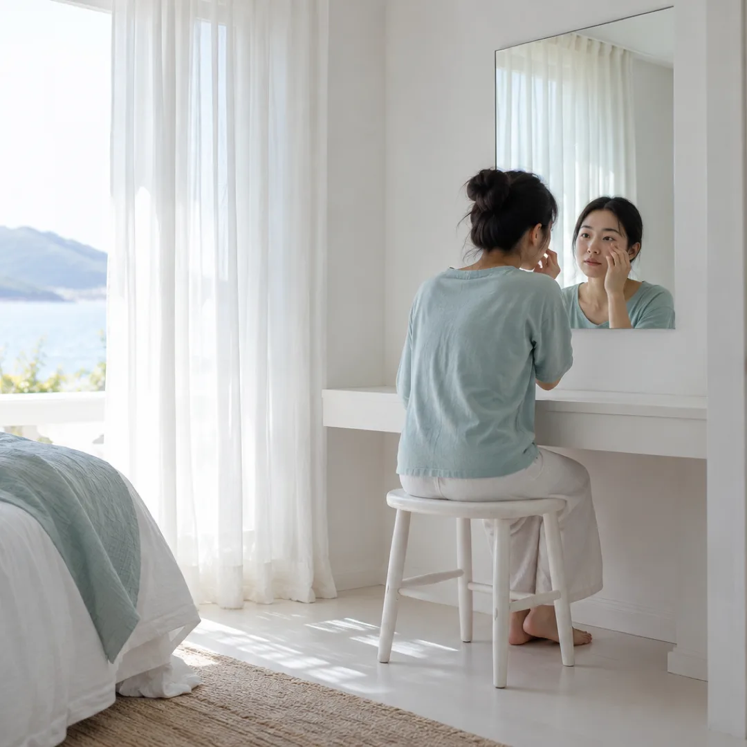 An adult sits at a bedroom mirror, gently touching the cheek beneath one eye while looking at their reflection.