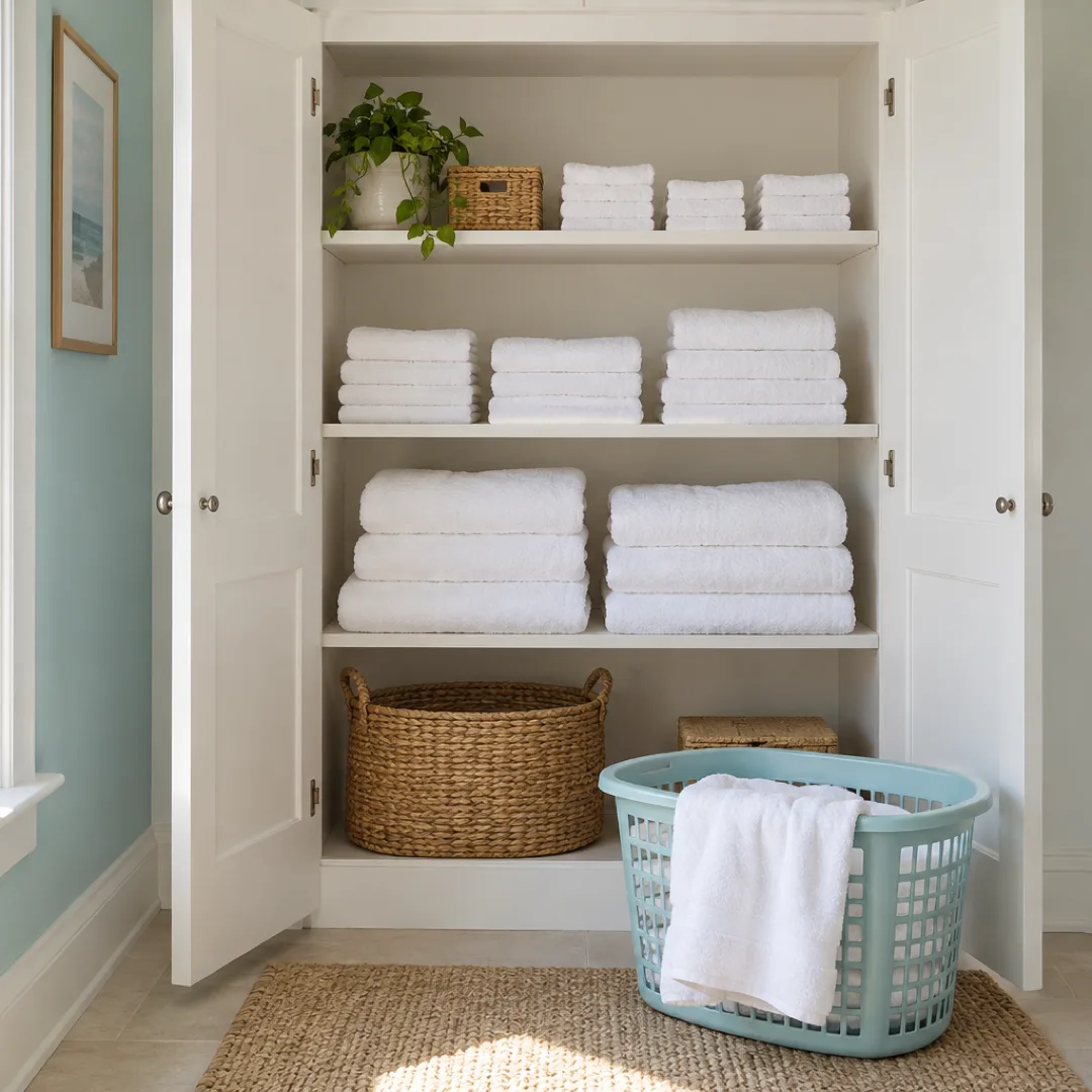 White towels sorted by size fill an open cupboard, with a pale aqua laundry basket below.