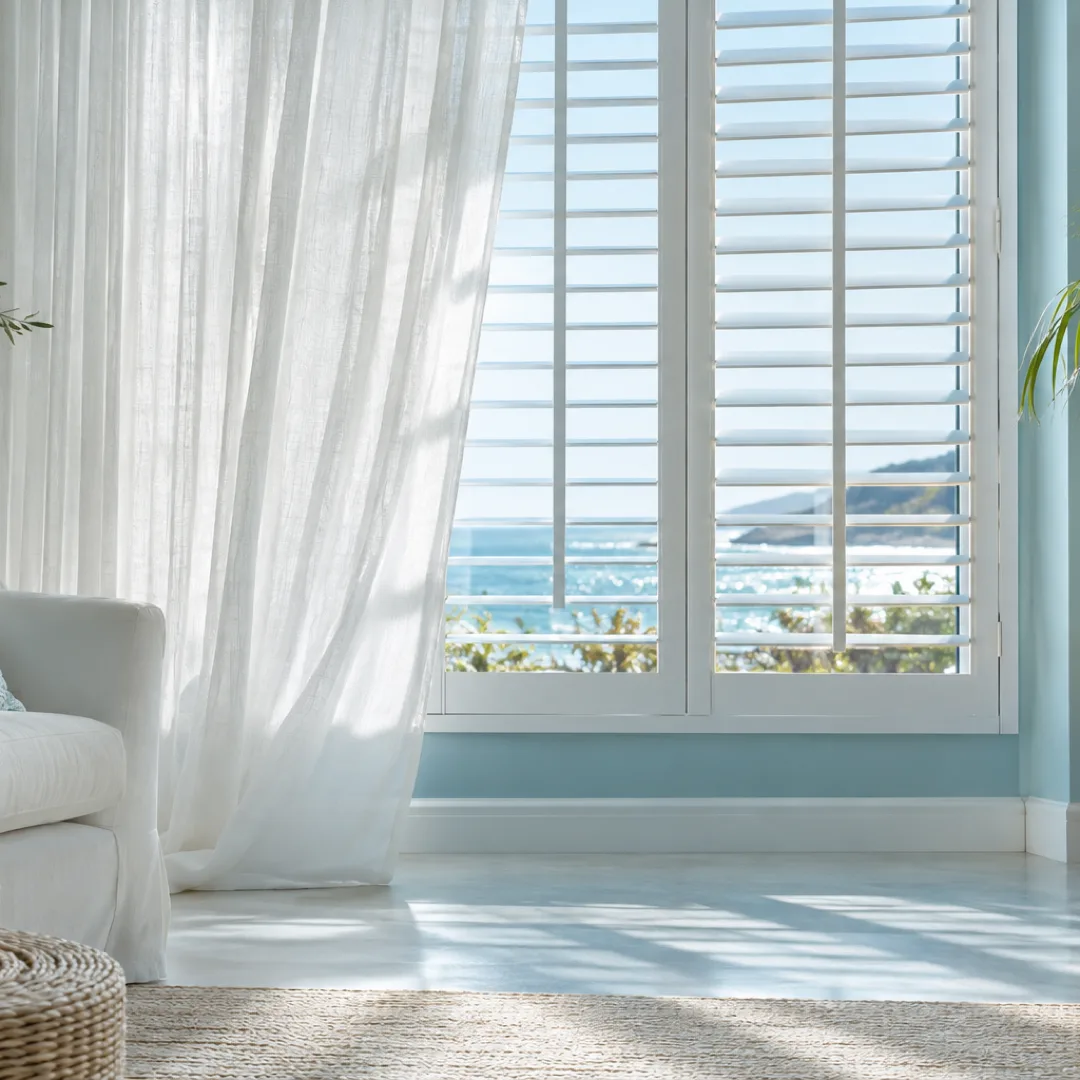 A sheer white curtain is pulled aside to reveal wooden shutters in a bright coastal room with pale aqua accents.