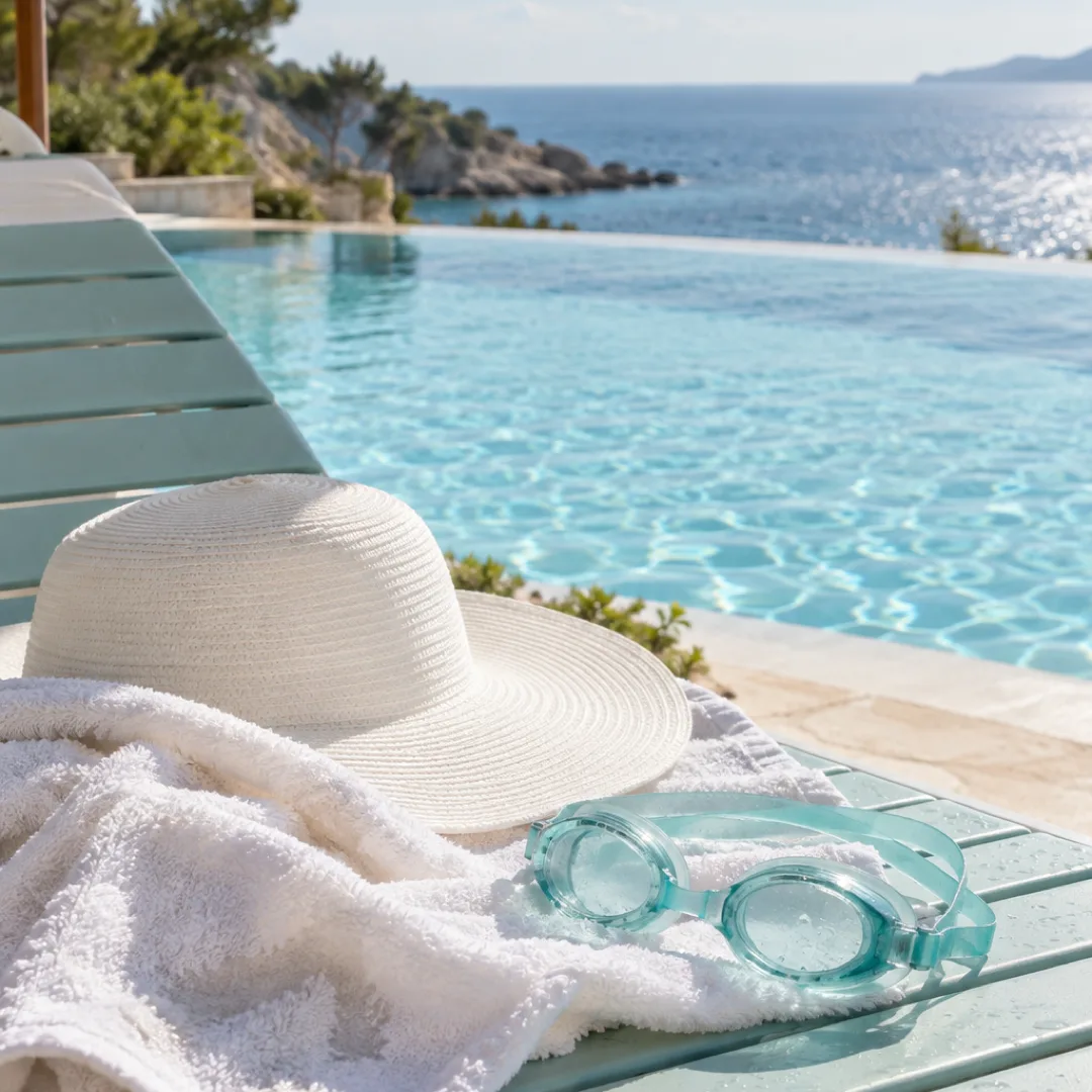 A white towel, sun hat and aqua swimming goggles rest on a poolside chair partly in shade.