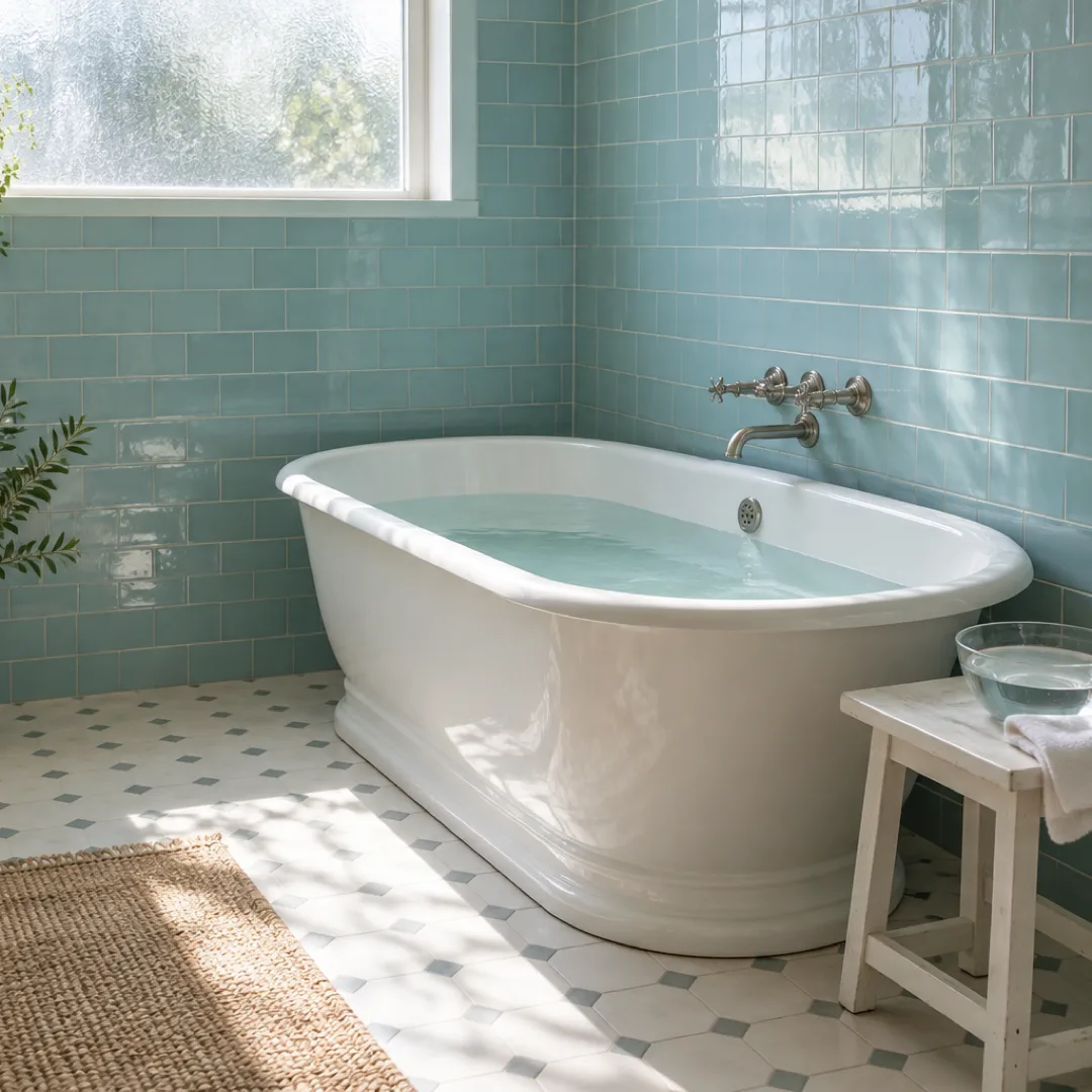 An aqua-tiled bathroom with a shallow bath and a bowl of water and white face cloth on a nearby stool.