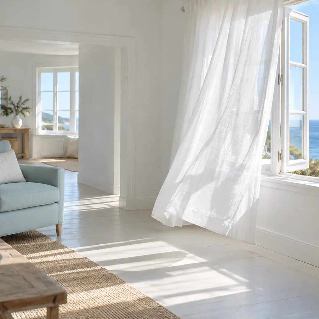 A white curtain billows beside an open window in a bright room with a light-aqua armchair.