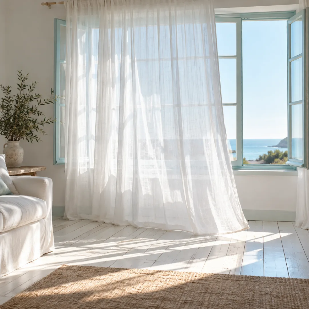A sheer white curtain softens daylight in a white room, with a brighter strip of light beside it.