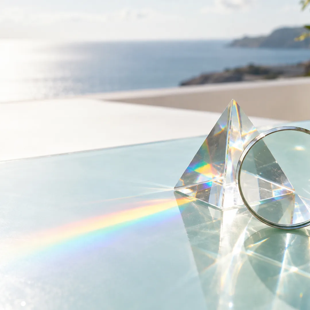 A glass prism casts a small rainbow on a light-aqua tabletop beside a magnifying glass.