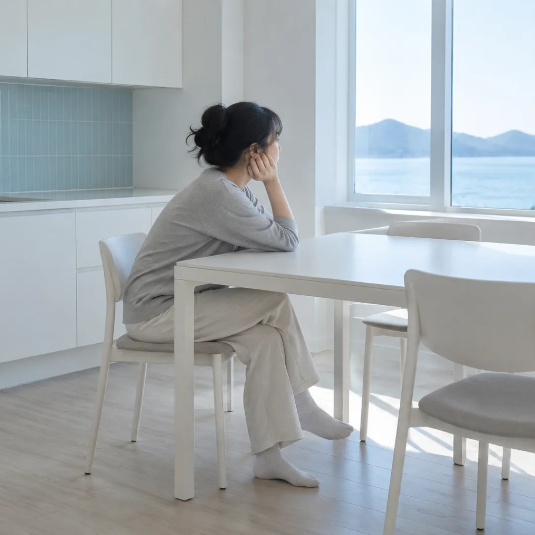 An adult sits at an empty kitchen table with their cheek resting on one hand.