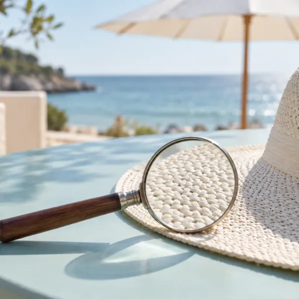 A magnifying glass rests over the brim of a white sunhat on a light-aqua table beside the sea.