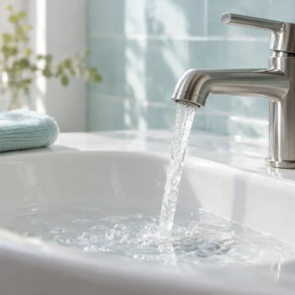 A gentle stream flows from a mixer tap into a white basin beside a folded aqua washcloth.