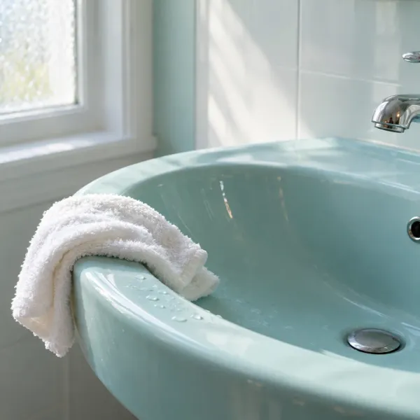 A soft white washcloth rests on the edge of a light aqua bathroom sink beside a few water droplets.