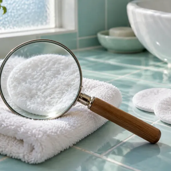 A magnifying glass enlarges a cotton pad’s fibers on a light aqua bathroom counter beside a white washcloth.