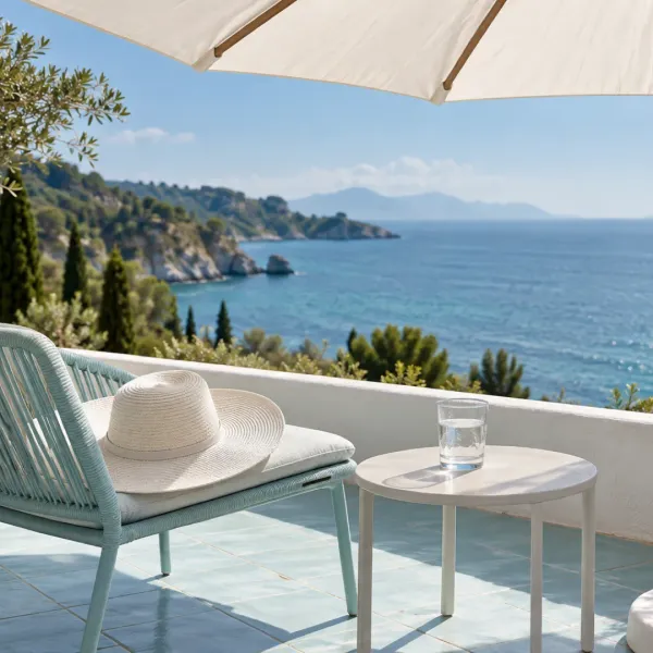 A white sun hat rests on an aqua chair beside a glass of water under a parasol on a coastal terrace.