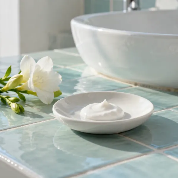 White moisturizer on a ceramic saucer beside a white freesia stem on a pale aqua bathroom vanity.