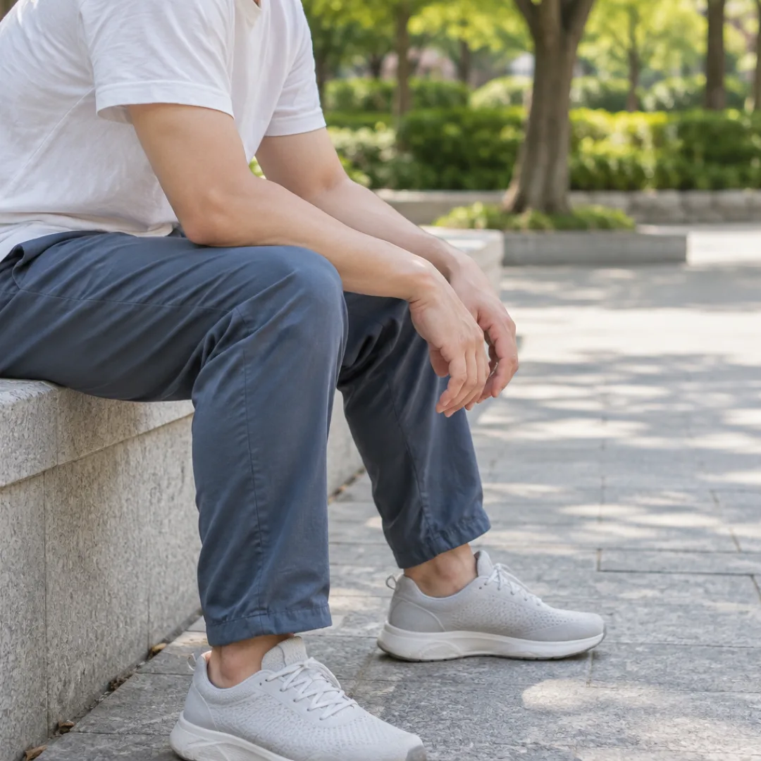 밝은 돌로 된 공원 턱에 앉은 성인이 무릎 위에 손을 얹고 쉬고 있습니다.