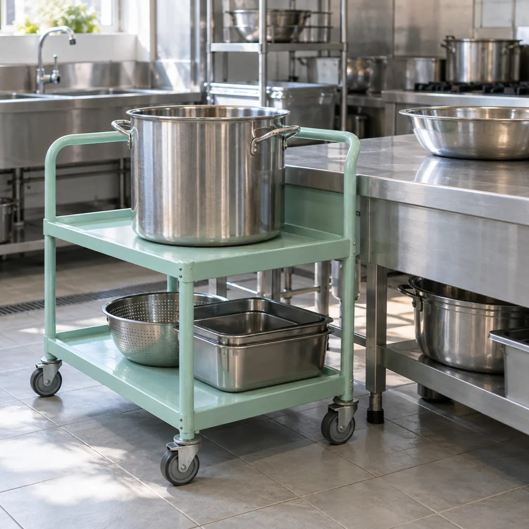 연한 민트색 운반 카트에 손잡이가 달린 큰 냄비가 놓여 있고, 옆에는 회색 조리대가 있는 주방입니다.