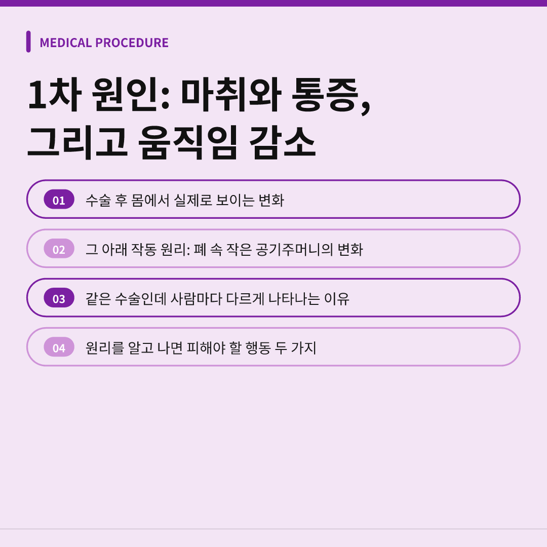 1차 원인: 마취와 통증, 그리고 움직임 감소