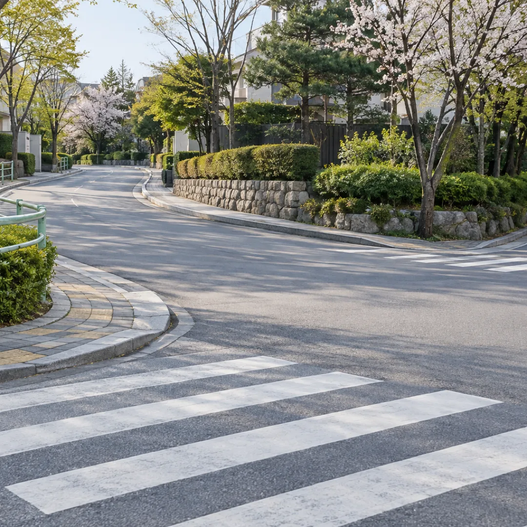연한 민트색 난간을 따라 굽은 회색 도로가 횡단보도와 작은 교차로로 이어지는 한적한 주택가 풍경.