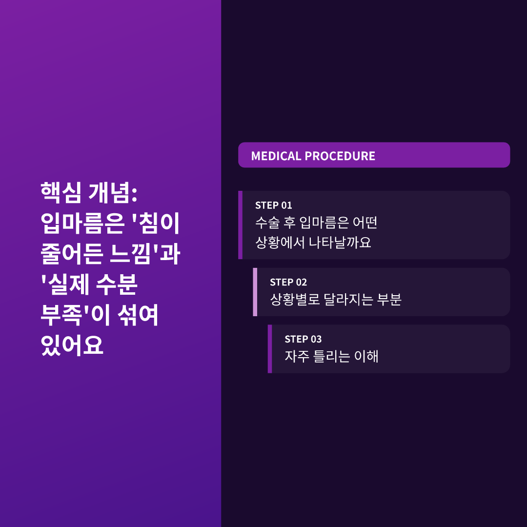 핵심 개념: 입마름은 '침이 줄어든 느낌'과 '실제 수분 부족'이 섞여 있어요