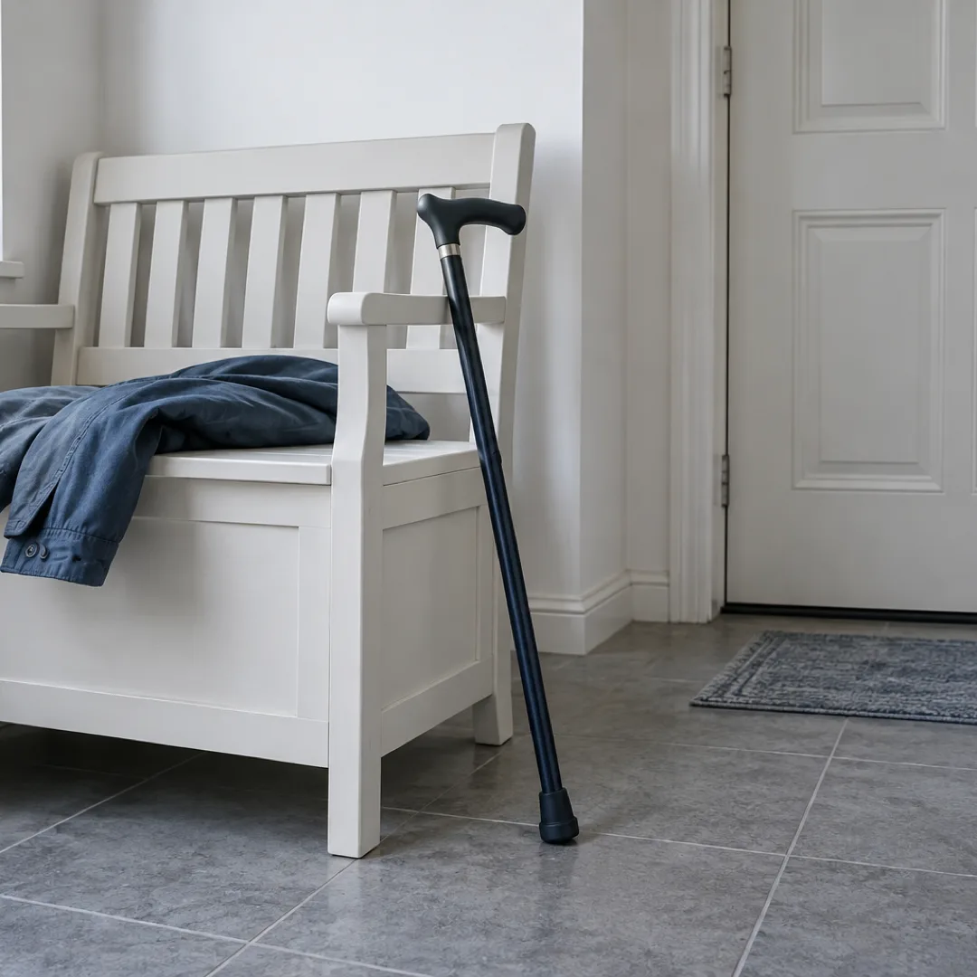 A walking cane rests beside a white bench with a folded blue-grey jacket in a quiet apartment entryway.