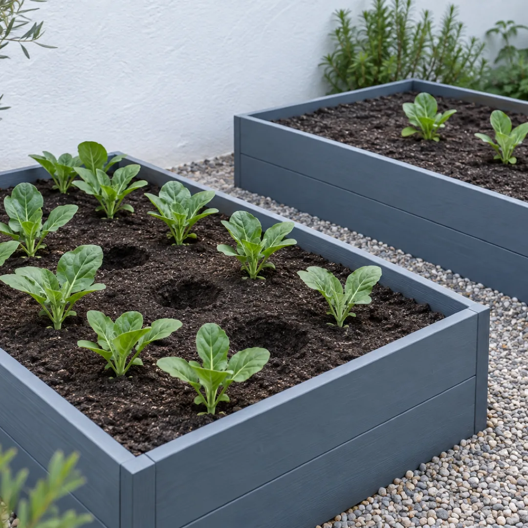 Two blue raised garden beds hold young green seedlings, with gaps in one bed and three plants in the other.