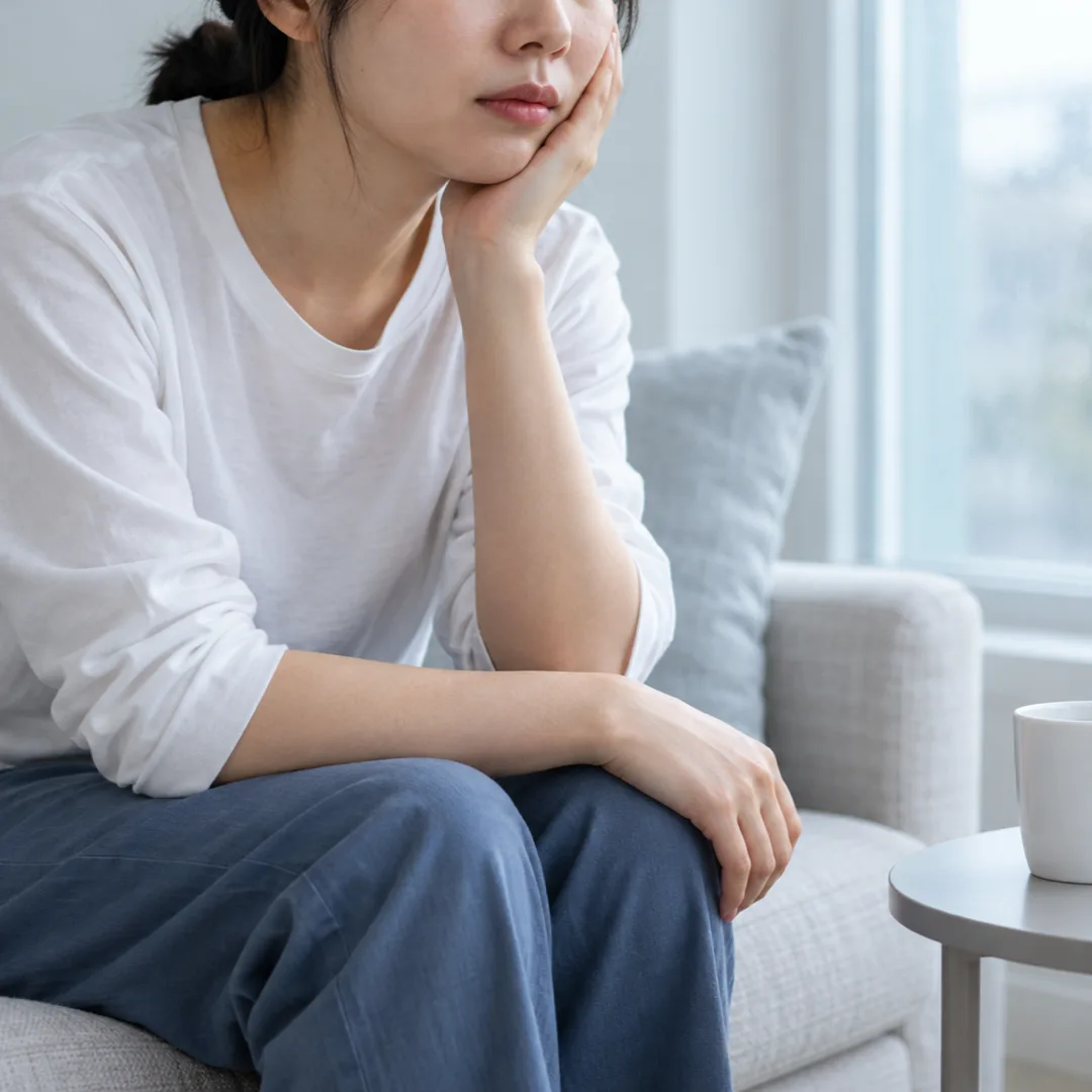An adult sits beside a window with a hand against their cheek and a cup of water nearby.