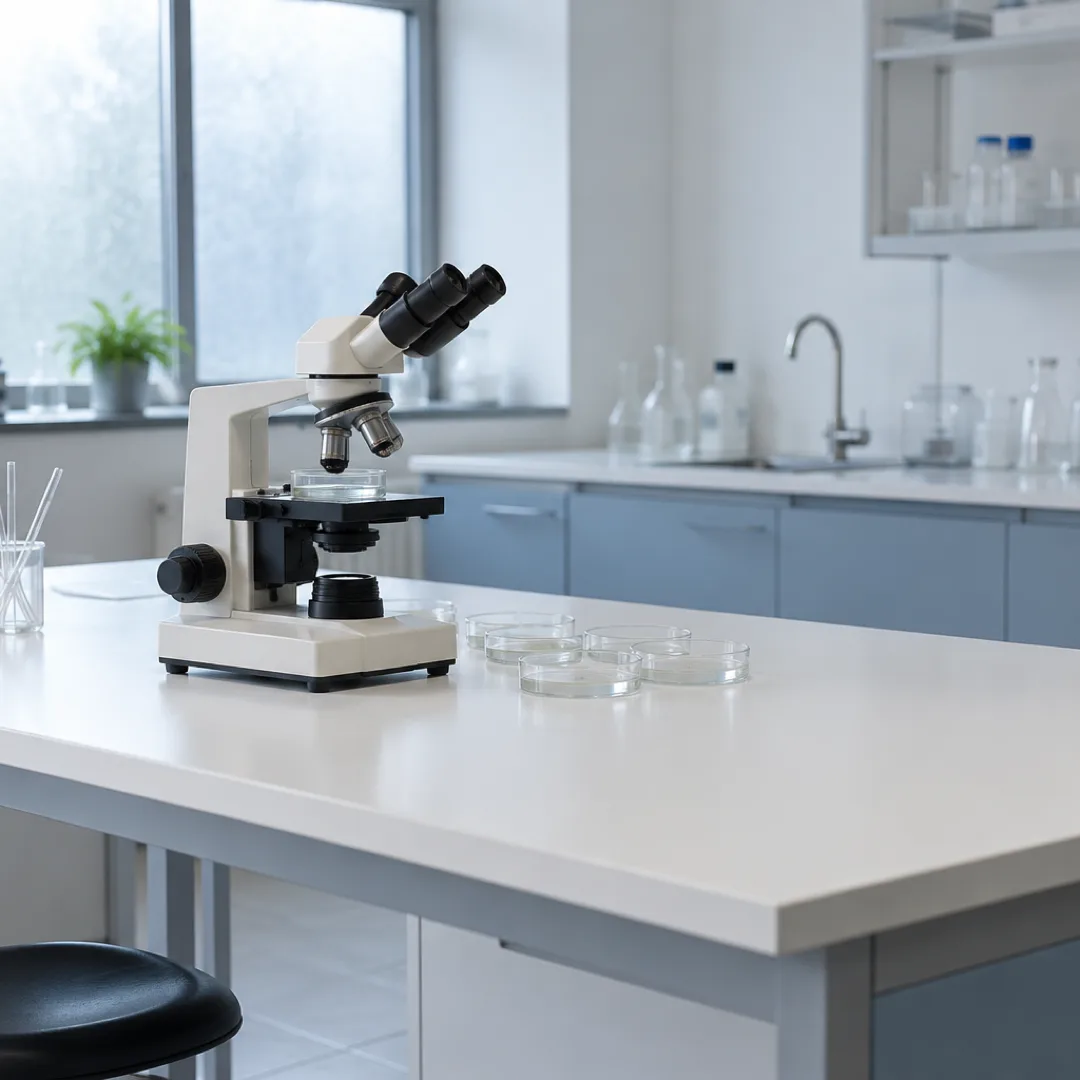 A manual microscope and clear Petri dishes sit on a white bench in a quiet, daylight-lit laboratory.