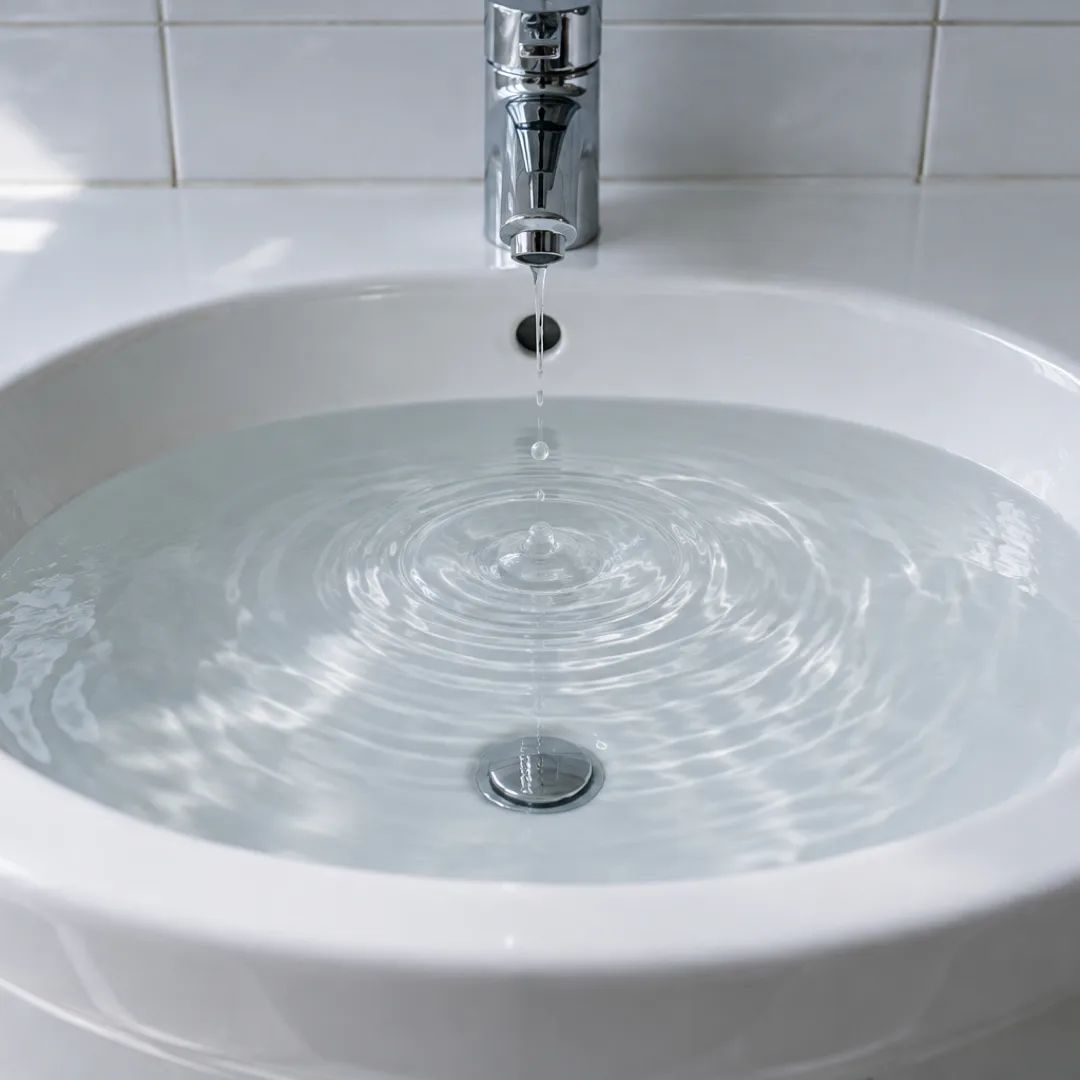 A single drop falls into clear water in a white washbasin, forming delicate circular ripples.