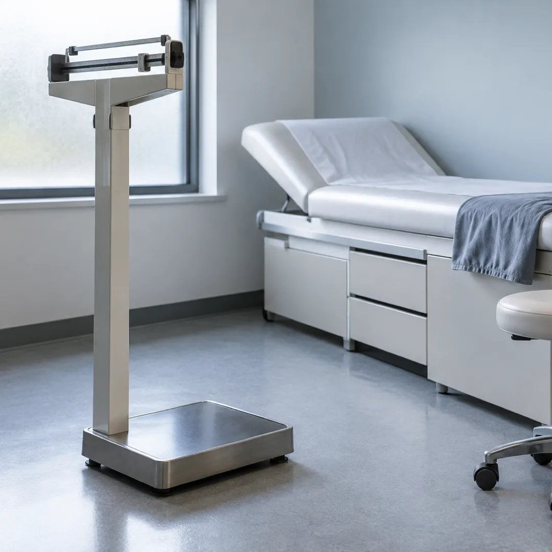 A mechanical weighing scale stands beside an empty examination couch in a cool grey-blue and white clinic room.