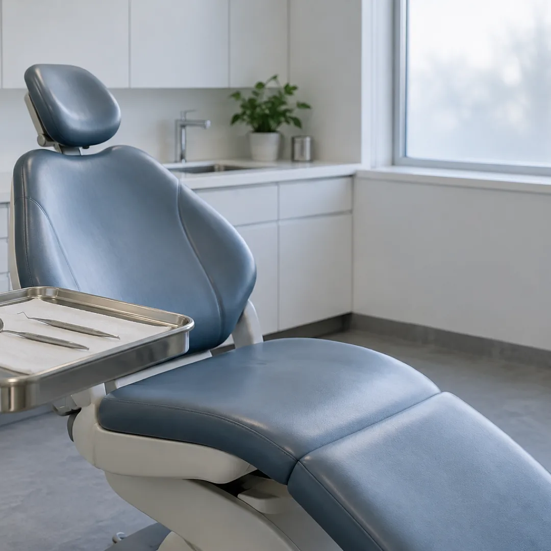 An empty dental chair beside a tray of examination tools in a cool grey-blue and white treatment room.
