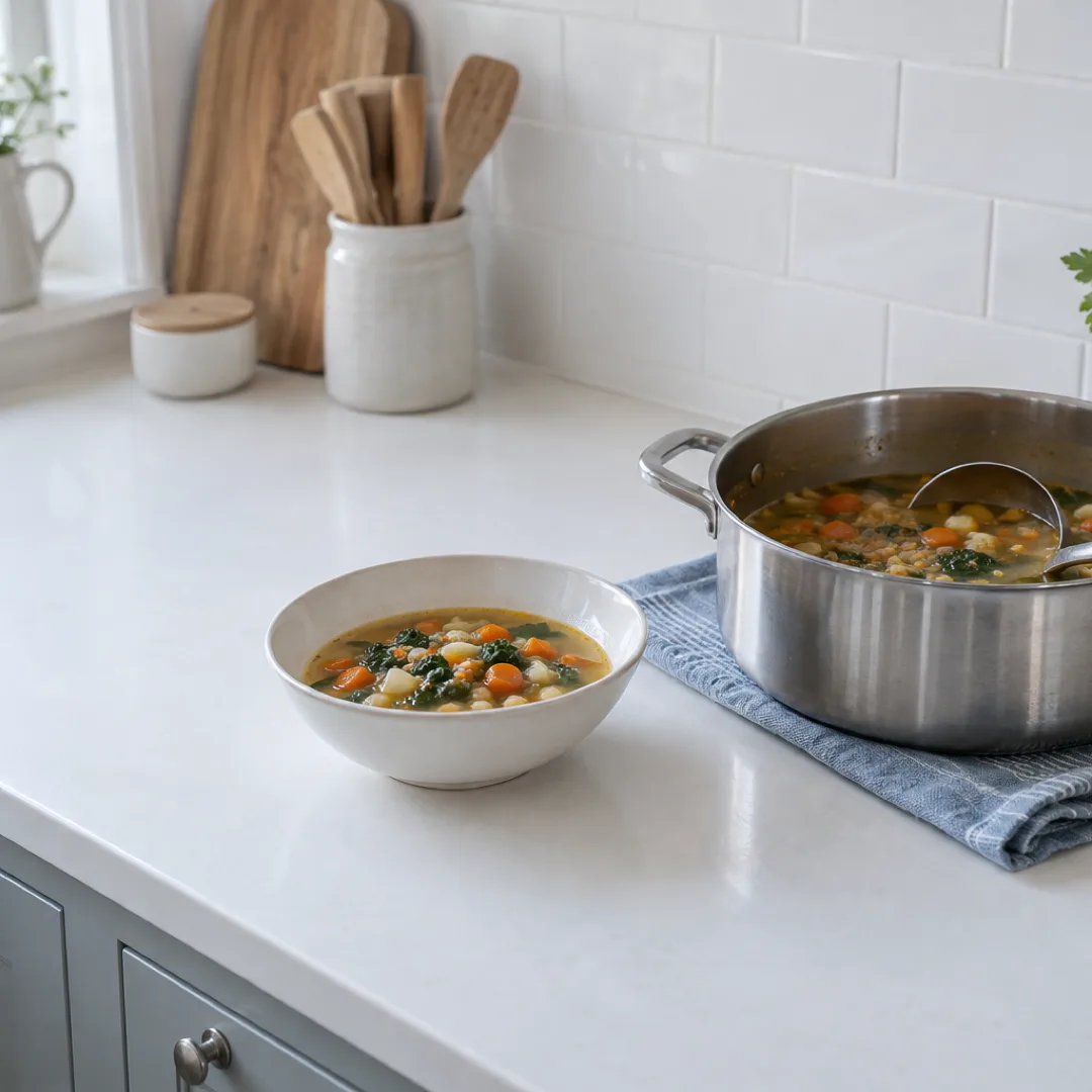 A small bowl of vegetable soup sits beside a mostly full saucepan on a white kitchen counter.