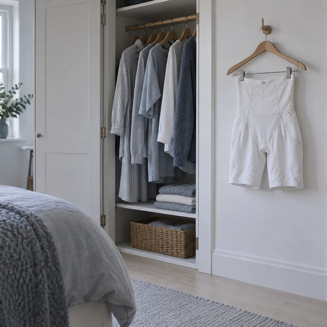 A white compression garment hangs beside an open wardrobe containing a few grey-blue clothes in a tidy bedroom.