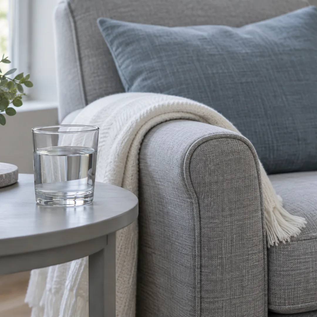 A glass of water stands beside a grey armchair with a blue-grey cushion and a folded white throw.