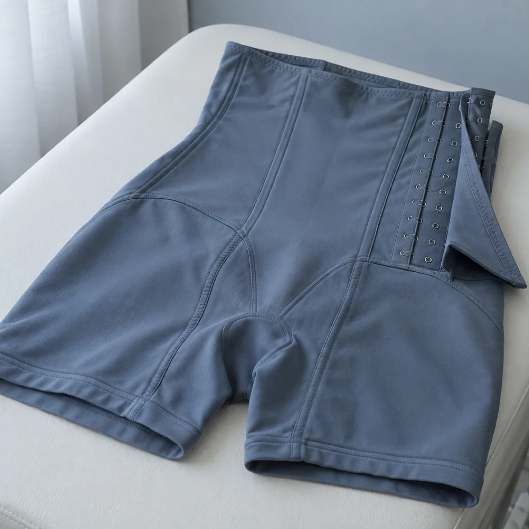 A slate-blue compression garment with an open side fastening lies on a white examination bench.