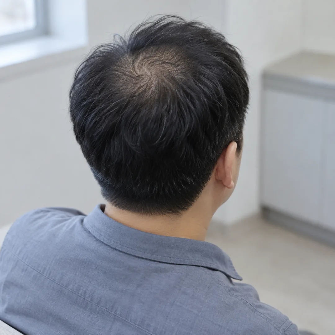 Rear view of a man with a thinning crown and fuller short hair across the back and sides of his head.