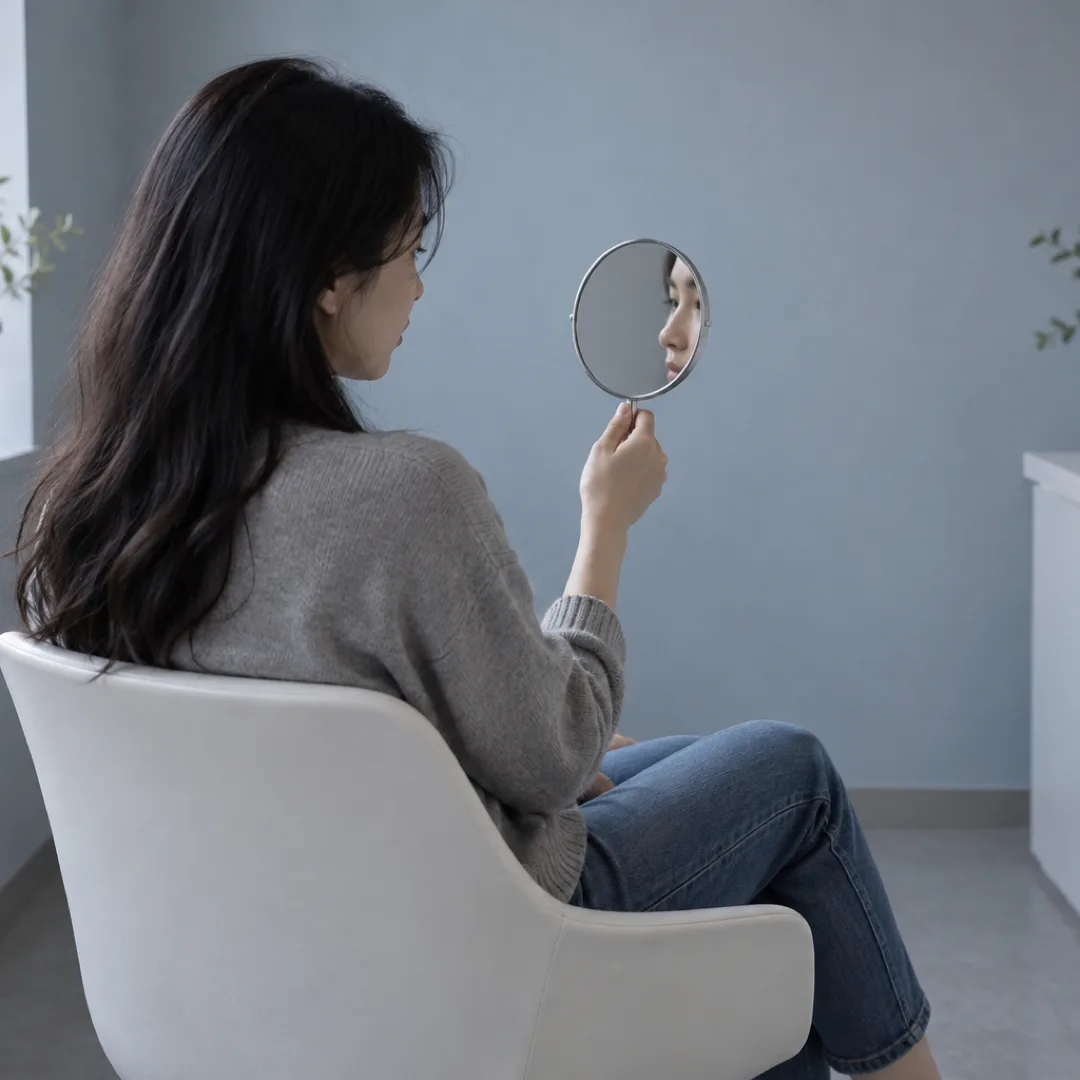 An adult seated in a cool grey-blue consultation room studies their profile in a small hand mirror.