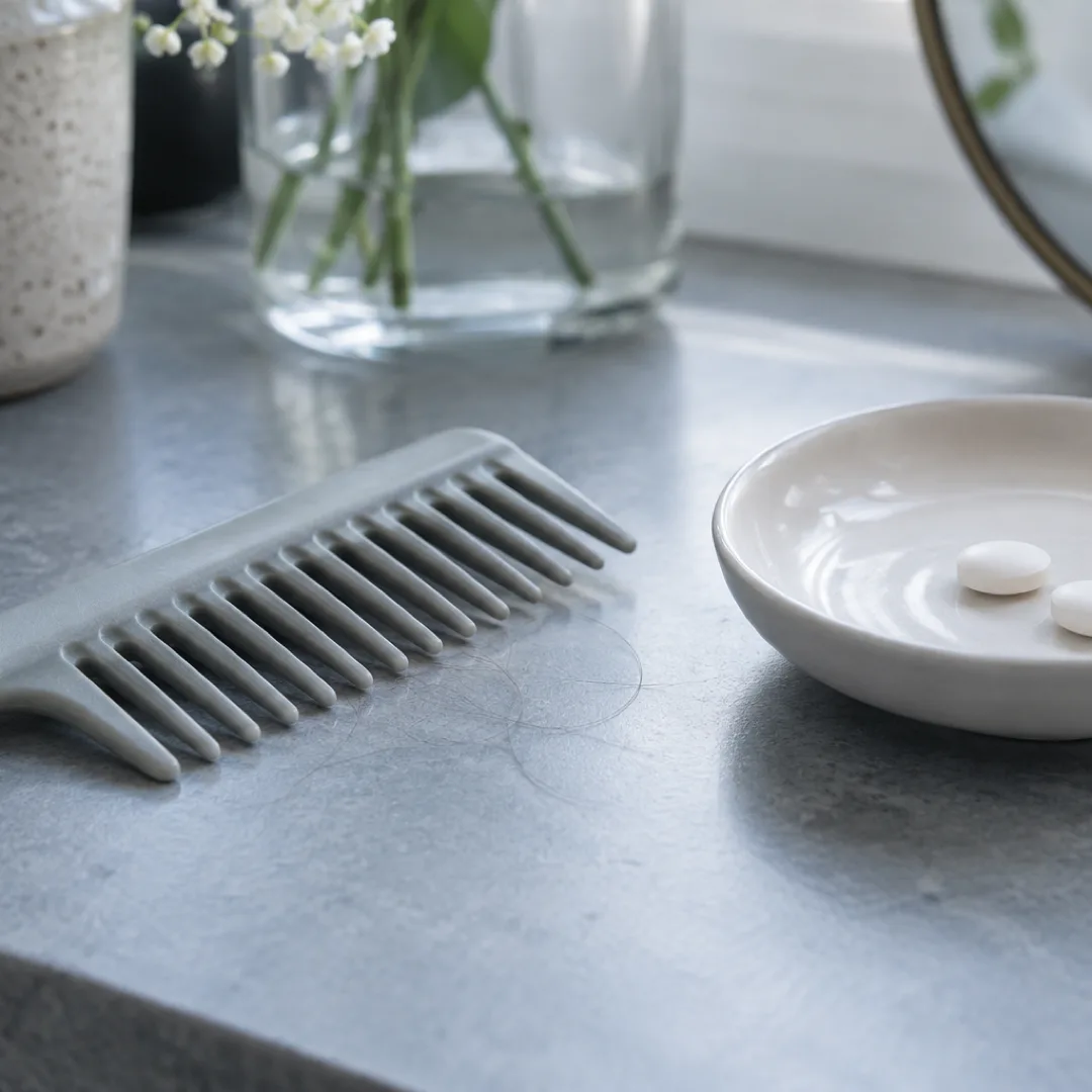 A grey comb with a few hair strands rests beside a white dish holding two plain tablets on a grey-blue vanity.