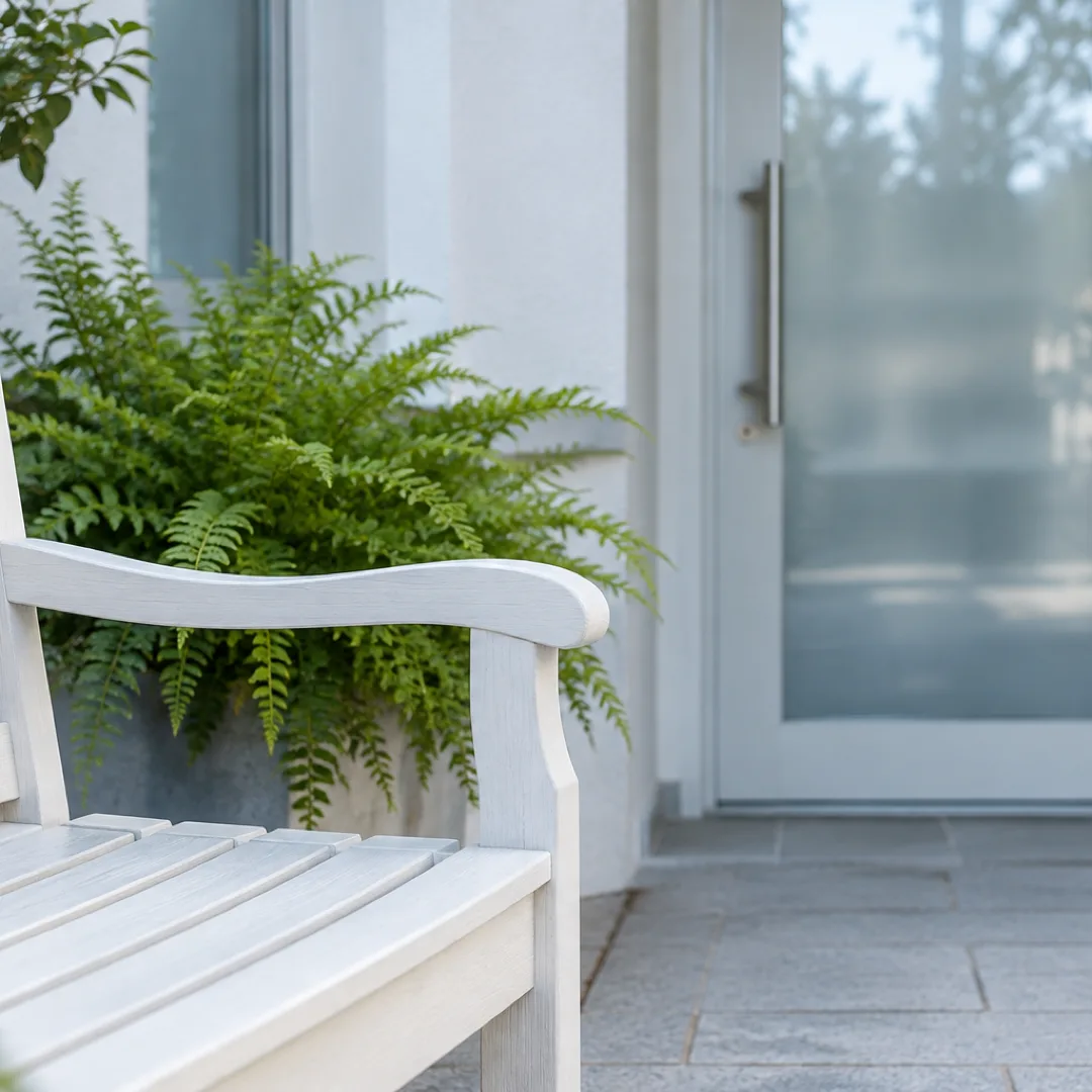 An empty white wooden seat stands beside a frosted-glass door and a small fern in a sheltered courtyard.