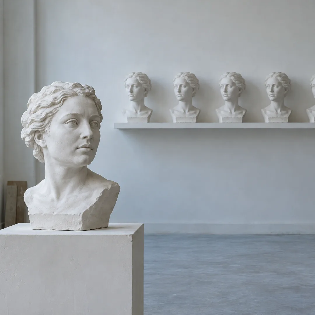 Five matching white portrait busts line a studio shelf, with a different portrait on a pedestal in front.