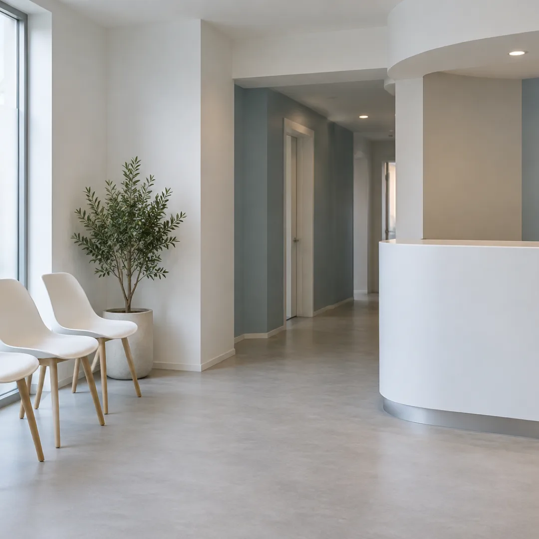 An empty dental clinic waiting area with white chairs, a curved reception counter and cool grey-blue walls.