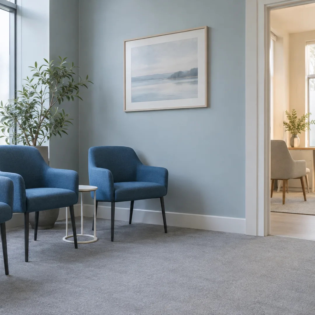 Blue chairs and a white side table sit in a quiet clinic waiting area beside an open consultation-room doorway.