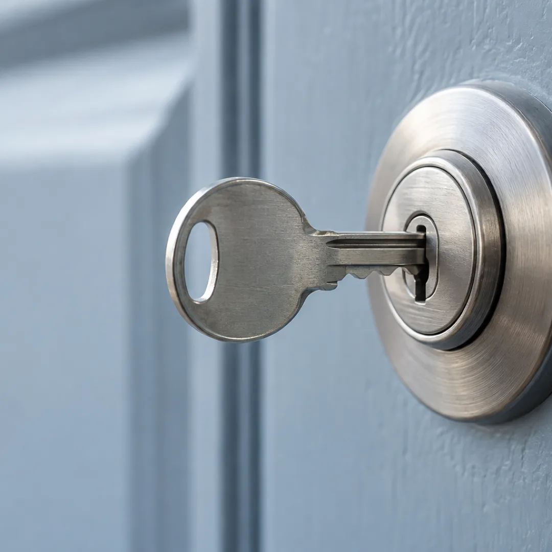 A plain silver key sits in a round lock on a pale blue-grey door.