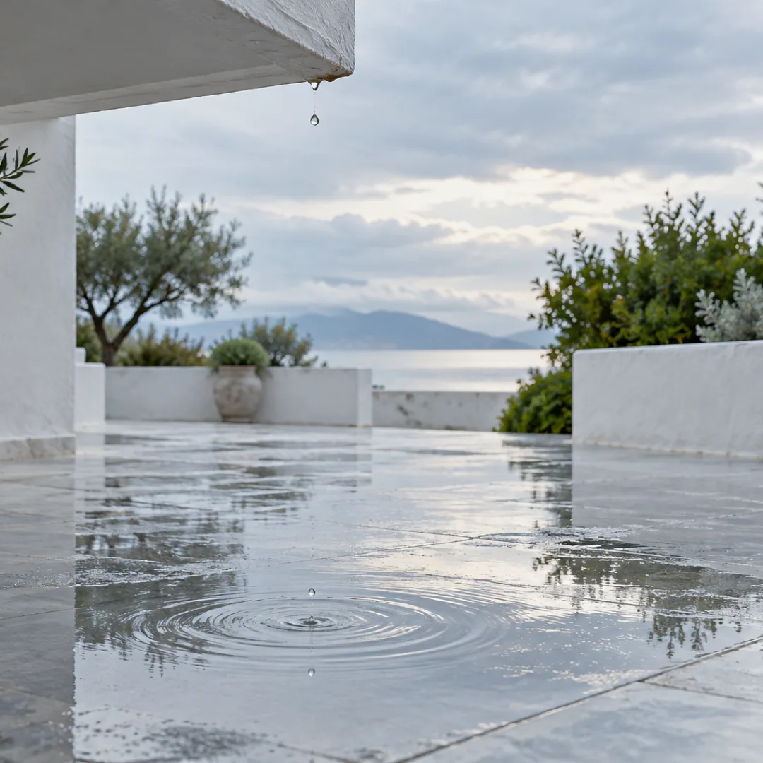 A droplet falls from a white roof edge into a clear courtyard puddle, forming ripples after the rain.