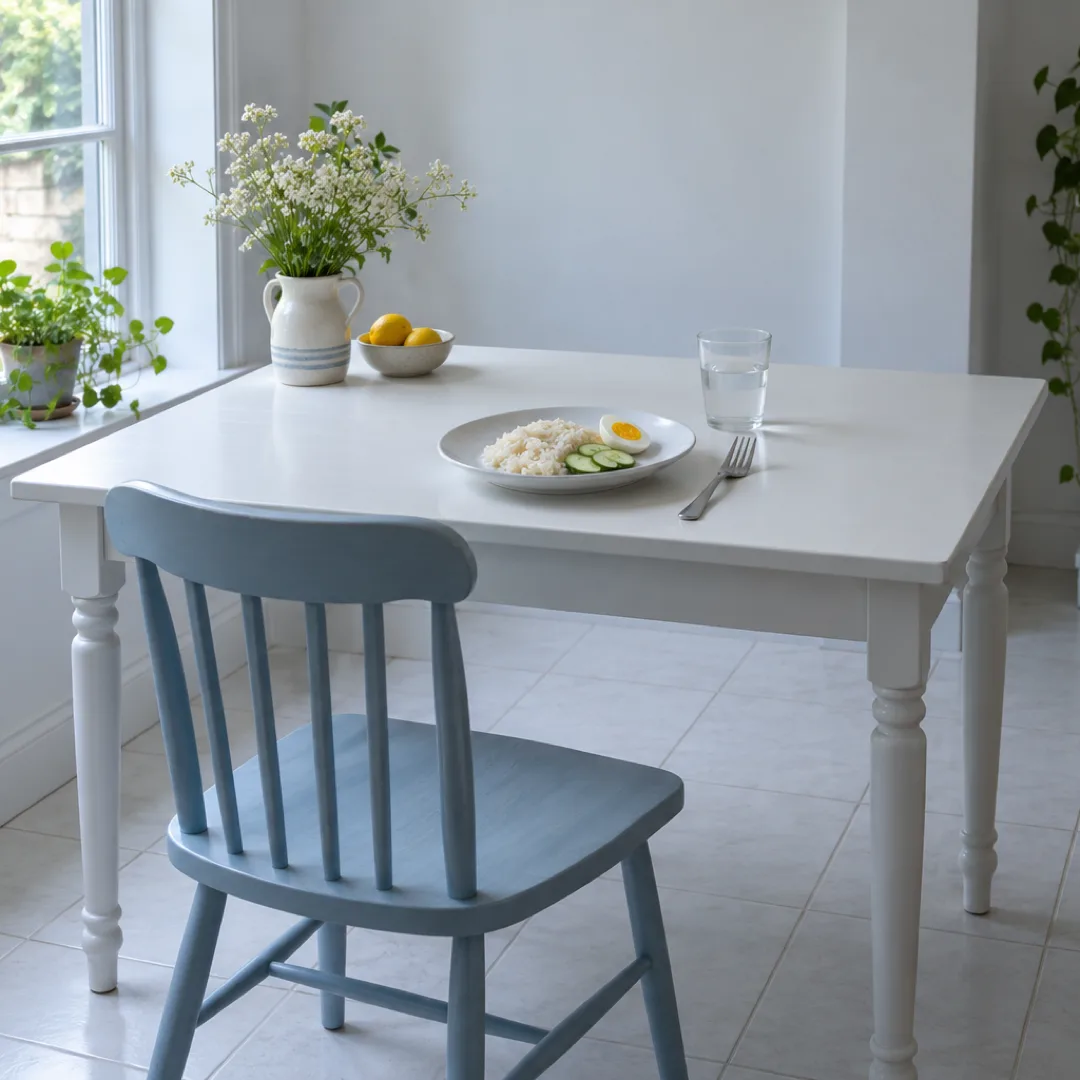A small serving of rice, egg and cucumber sits on a white dining table beside an empty pale blue chair.
