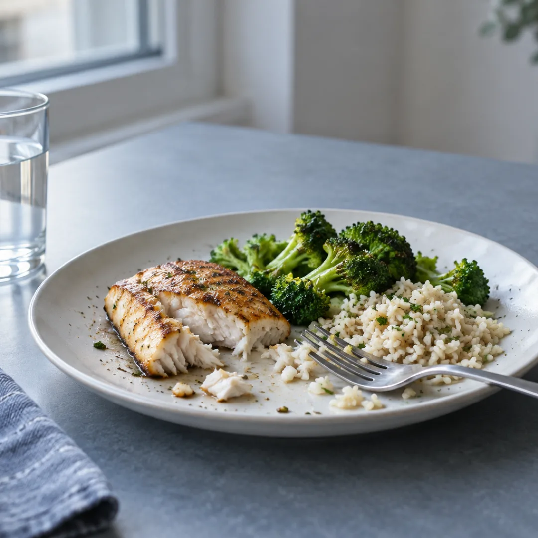 A fork rests on a white plate beside a partly eaten serving of fish, broccoli and rice on a grey-blue table.
