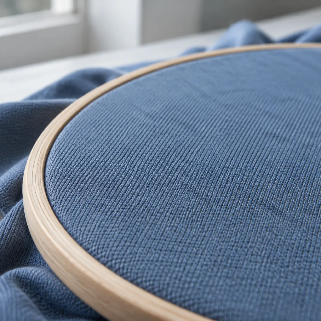 A wooden embroidery hoop holds blue knitted fabric taut on a white table in soft daylight.