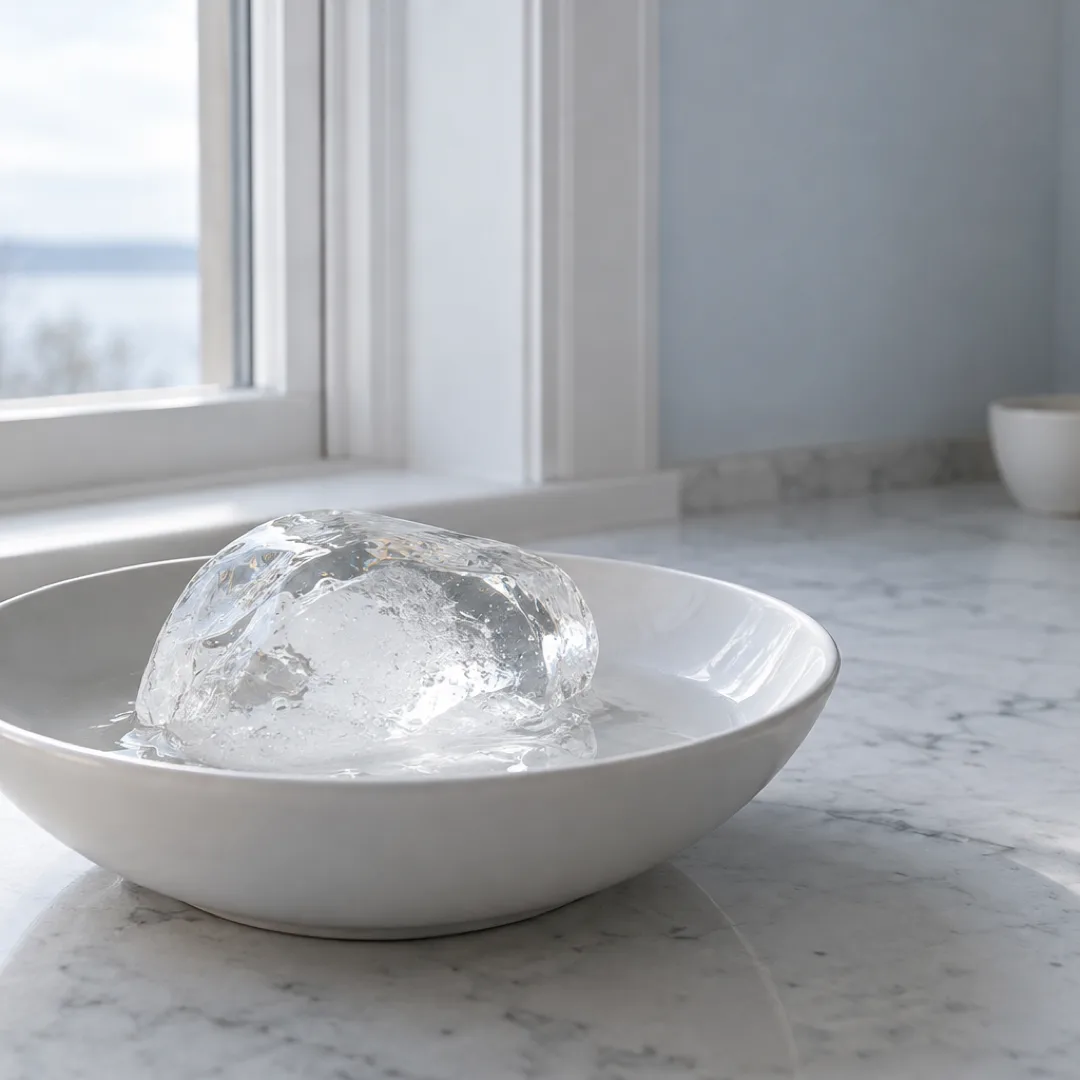 A rounded piece of ice with softened edges rests in a little water in a white bowl on a kitchen counter.