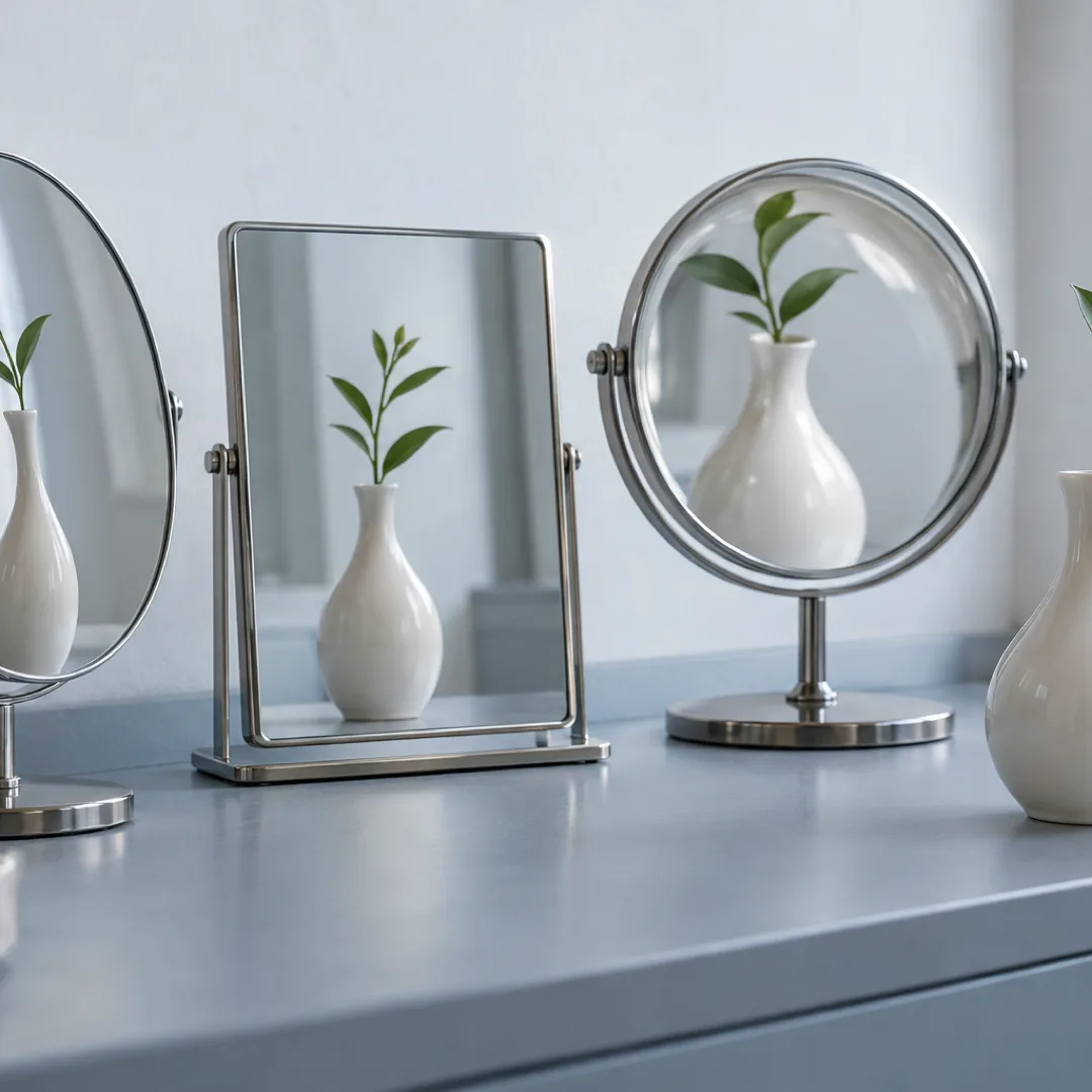 Three tabletop mirrors reflect a white vase in different proportions on a grey-blue consultation-room counter.