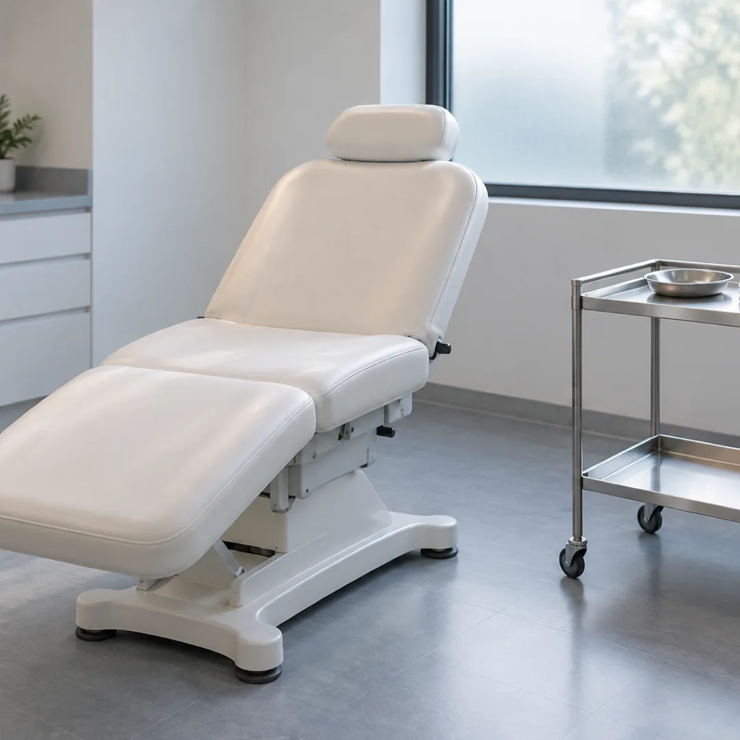 An empty treatment room with a white chair and a metal trolley holding gauze and pale blue gloves.